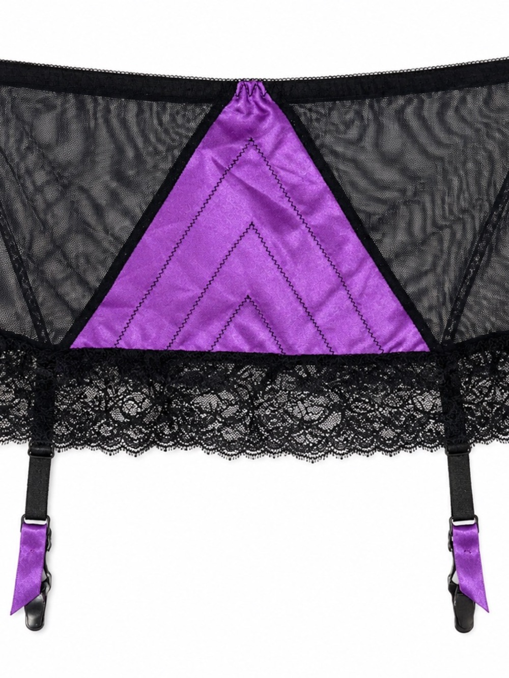 🔥Frederick’s of Hollywood Purple & Black Lace Mesh Garter Belt NWOT Medium